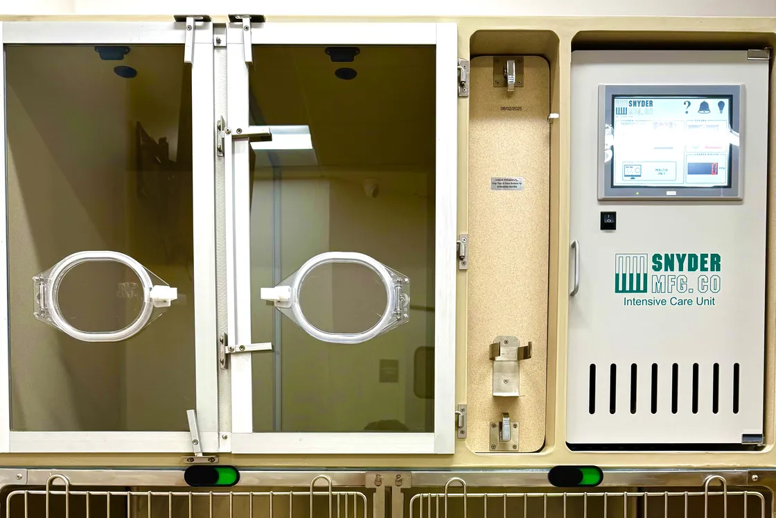 The intensive care unit at Animal Republic Veterinary Hospital: a Snyder intensive care oxygen cage above stainless recovery kennels